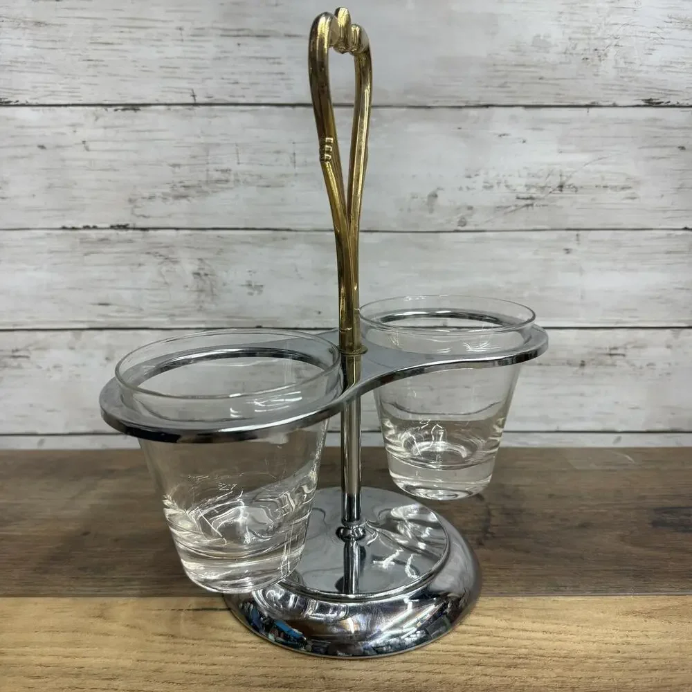 Vintage Kromex Chrome & Brass 3 Piece Condiment Caddy, Handle